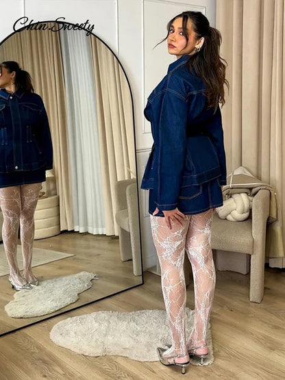 Chaqueta vaquera de calle para mujer, con solapa, mangas largas y cremallera, azul oscuro, cintura ceñida, abrigos vaqueros para mujer, primavera 2025, ropa exterior Y2K para mujer
