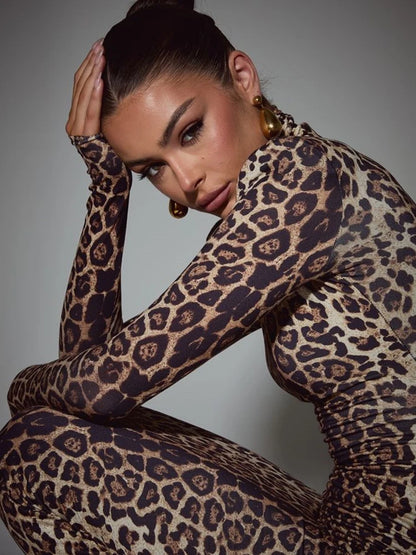 Leopard Print Long Sleeve Sexy Maxi Dress For Women Autumn Winter Fashion Elegant Turtleneck Printed Bodycon Long Dress