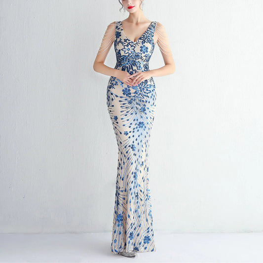 Vestido sexy sin mangas con escote en V, con piedras y cristales, lentejuelas y borlas, elegante, de fiesta, largo y de cintura alta.