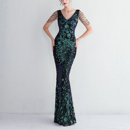 Vestido sexy sin mangas con escote en V, con piedras y cristales, lentejuelas y borlas, elegante, de fiesta, largo y de cintura alta.