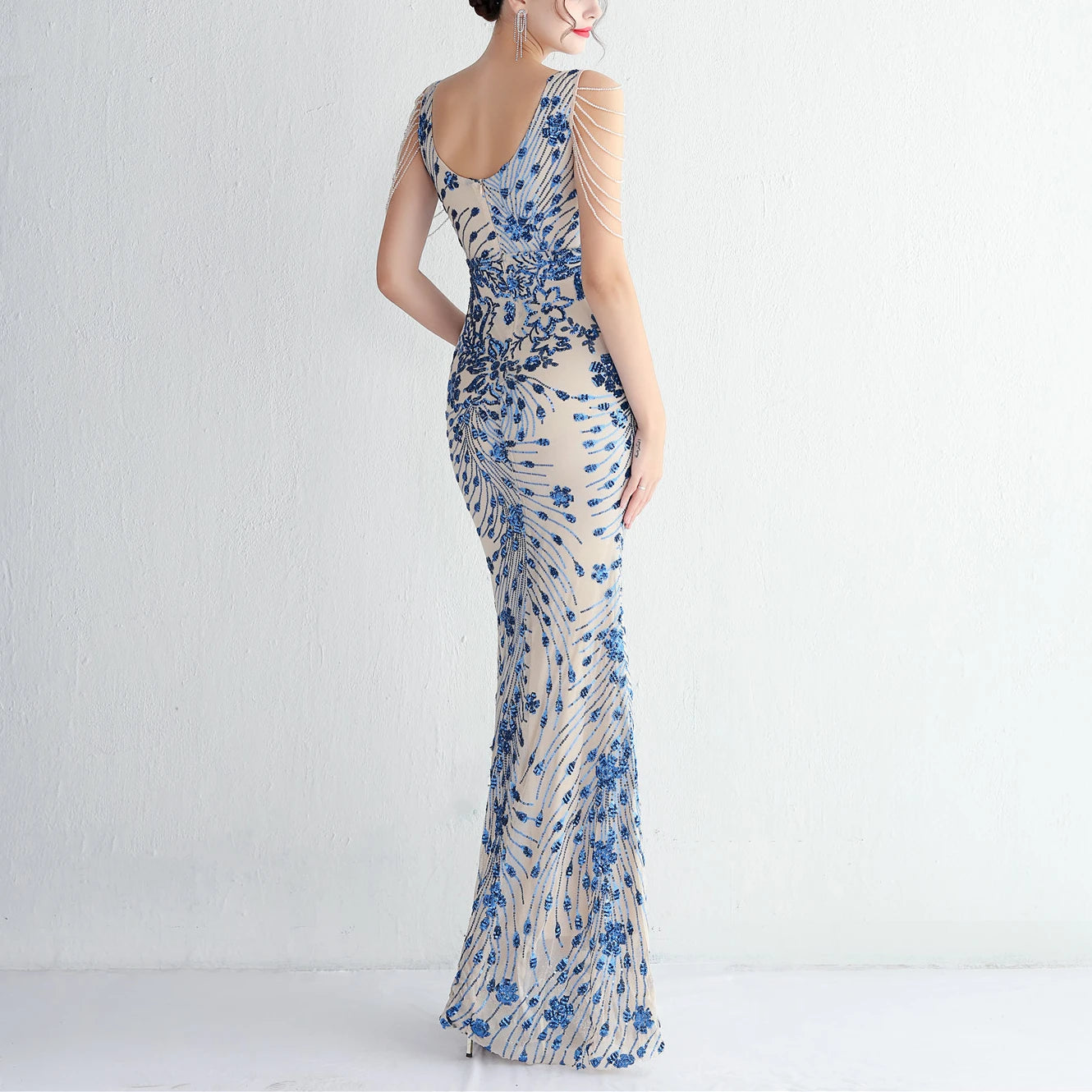 Vestido sexy sin mangas con escote en V, con piedras y cristales, lentejuelas y borlas, elegante, de fiesta, largo y de cintura alta.