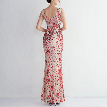 Vestido sexy sin mangas con escote en V, con piedras y cristales, lentejuelas y borlas, elegante, de fiesta, largo y de cintura alta.