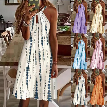 Vestidos cortos con cuello halter y estampado sencillo para mujer, moda informal, con aberturas en la espalda, sin mangas, para ir al trabajo
