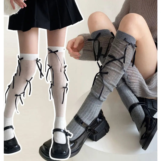 Calcetines sueltos con lazo de empalme para mujer, calcetines largos térmicos de moda tejidos, calentadores de piernas para mujer Y2K JK Girl, calentadores de piernas para mujer
