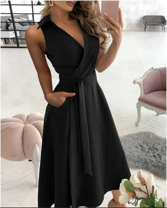 Vestidos sin mangas de color liso con temperamento para mujer, moda sexy con escote en V, ajustados, línea A, primavera y verano, nueva ropa para dama