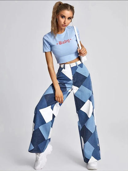 Pantalones rectos casuales a cuadros rombos para mujer, vaqueros de cintura alta Y2K, pantalones estéticos Harajuku, ropa de calle a cuadros, novedad de 2025