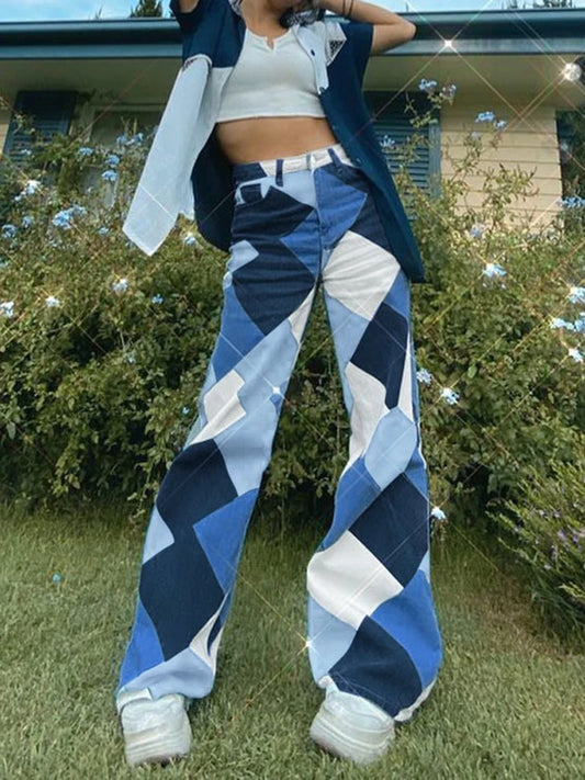 Pantalones rectos casuales a cuadros rombos para mujer, vaqueros de cintura alta Y2K, pantalones estéticos Harajuku, ropa de calle a cuadros, novedad de 2025