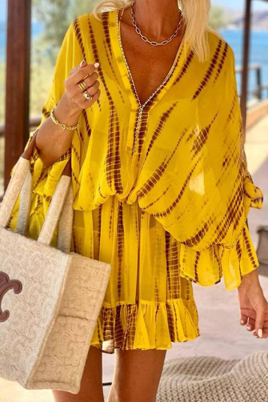 Vestido minicaftán con cintura elástica, mangas murciélago y volantes con efecto tie-dye y sabor a limón