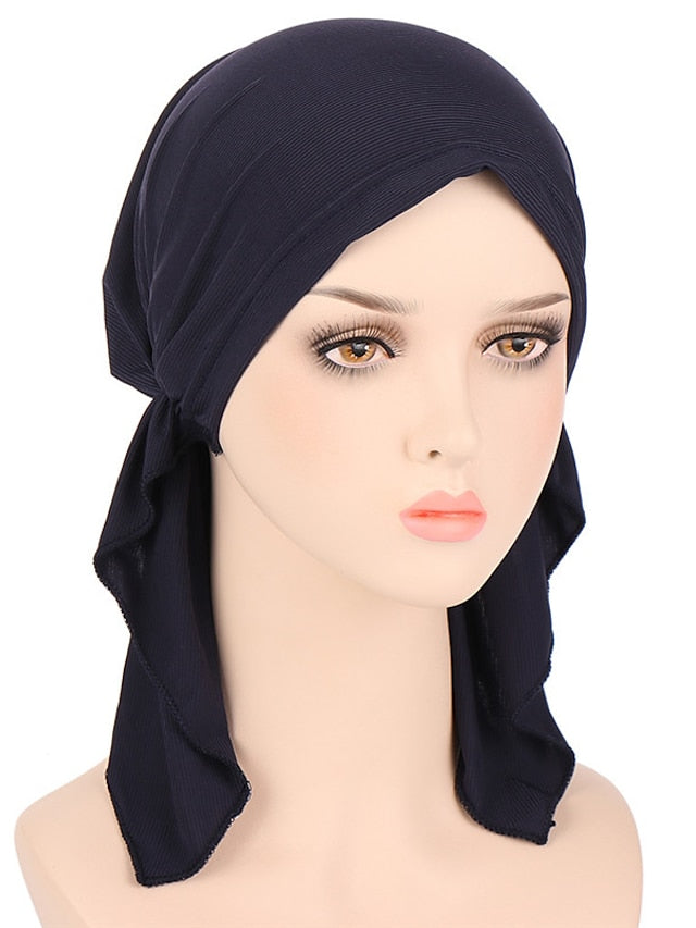 New Elastic Solid Color Wrap Head Scarf Hats Muslim Turban Bonnet For Women Inner Hijab Hat Fashion Female Turbantes Caps for Women