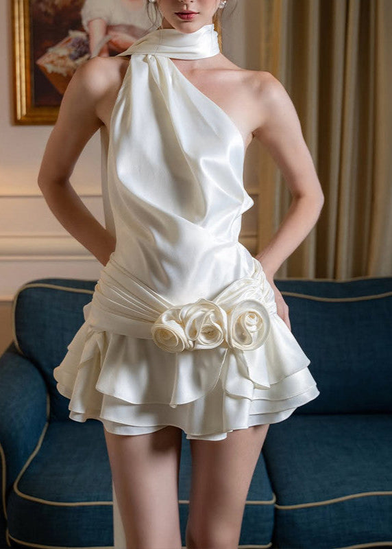 Rosette Mirage – One-Shoulder Satin Mini Dress with Layered Skirt