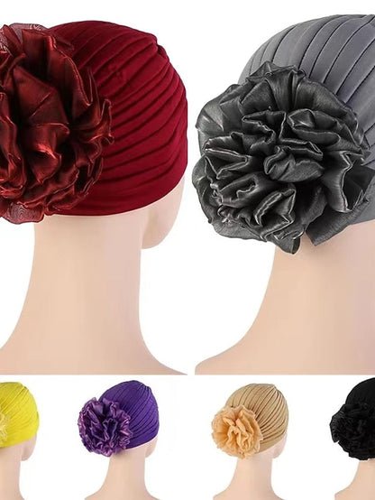 Female Stylish Indian Big Flower Solid Color Turban Hat Comfortable Women Muslim Pullover Hat African Head Wrap Hijab Cap Headwear for Women