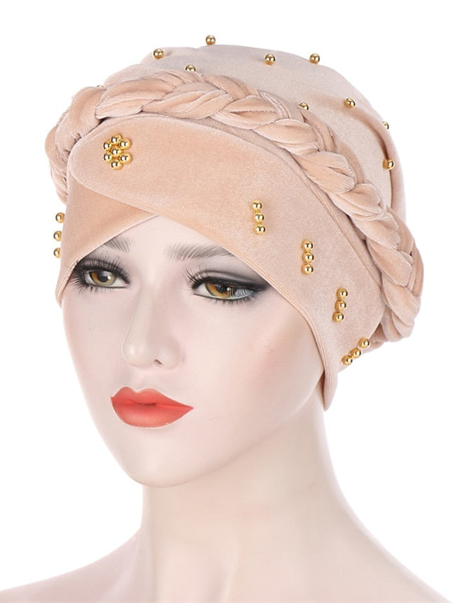 Retro Lady Women Beaded Hat Muslim Braid Head Scarf Turban Head Wrap Cover Ramadan Hair Loss Islamic Headwear Arab Fashion for Women