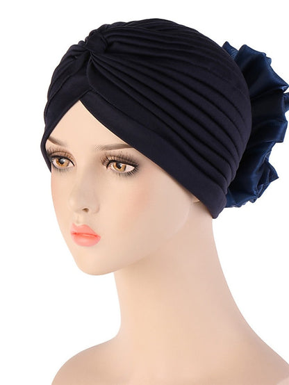 Female Stylish Indian Big Flower Solid Color Turban Hat Comfortable Women Muslim Pullover Hat African Head Wrap Hijab Cap Headwear for Women