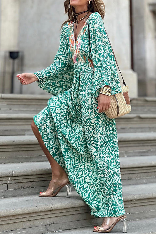Vestido largo con cuello en V y estampado de tótem verde de Ledell