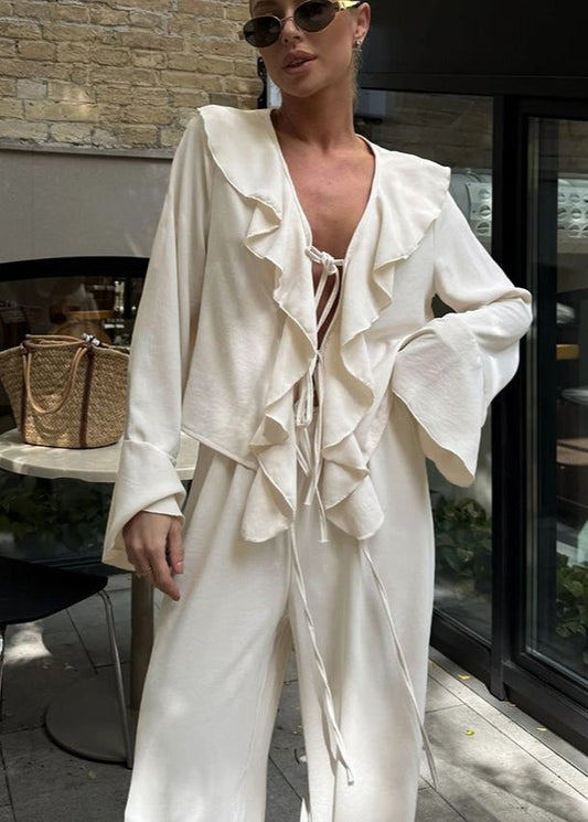 Serena Ruffle Lounge Set – Flowy Two-Piece with Wide-Leg Pants