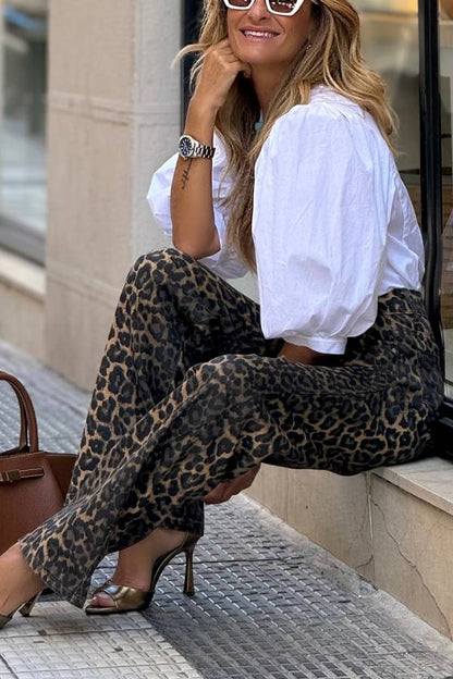 Vaqueros Wild Feel Denim con estampado de leopardo, tiro alto, pernera ancha y bolsillos