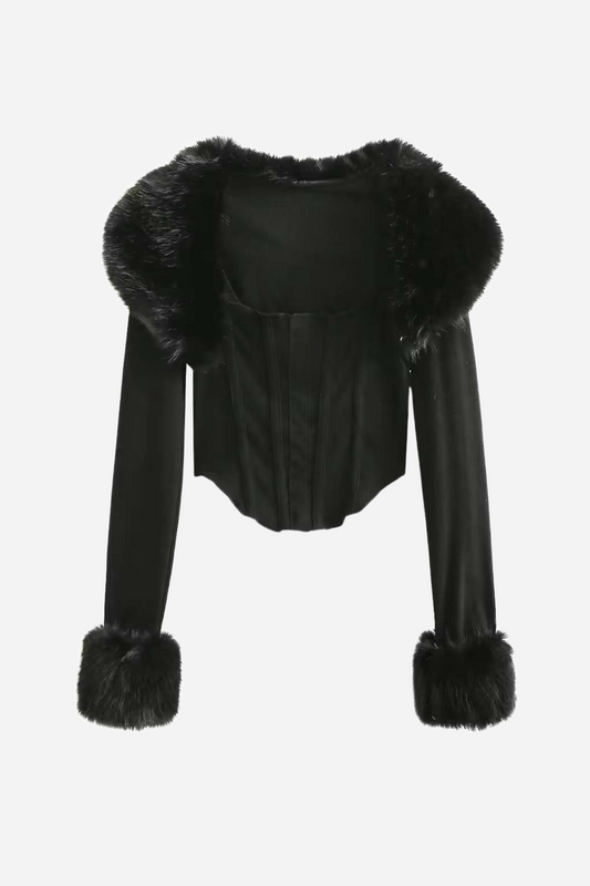 Apphia Crop Faux Fur Blouse & Corset Two Piece Set