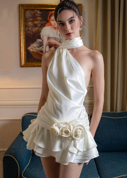 Rosette Mirage – One-Shoulder Satin Mini Dress with Layered Skirt