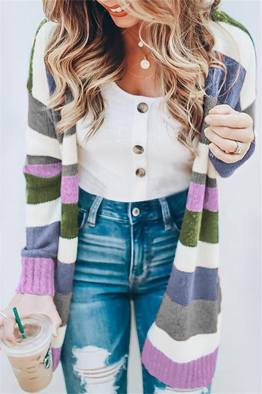 Abrigo tipo cárdigan a rayas de otoño e invierno a la moda para mujer