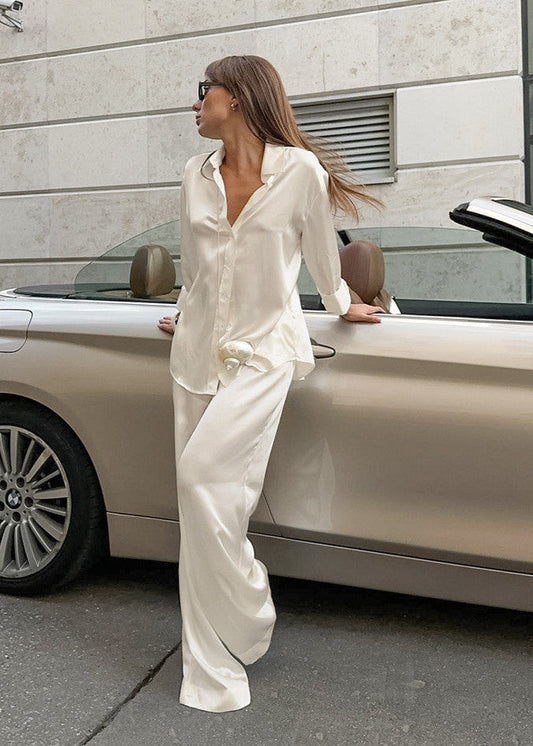 Ivory Drift Satin Relaxed Shirt & Pants Set