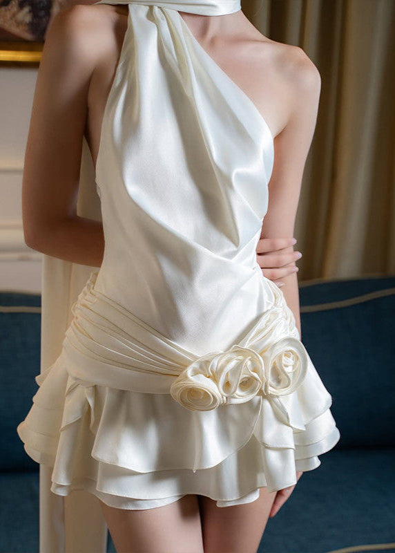 Rosette Mirage – One-Shoulder Satin Mini Dress with Layered Skirt