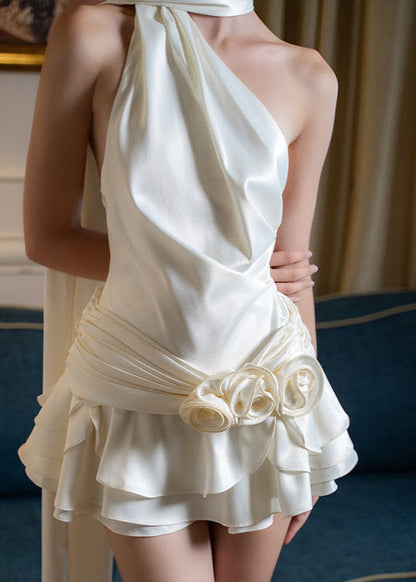 Rosette Mirage – One-Shoulder Satin Mini Dress with Layered Skirt