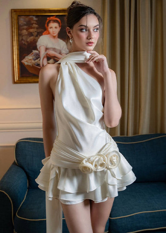 Rosette Mirage – One-Shoulder Satin Mini Dress with Layered Skirt