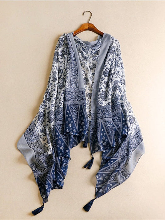 Shawls & Wraps Party Blue Scarf Floral Fall Winter Cotton for Women