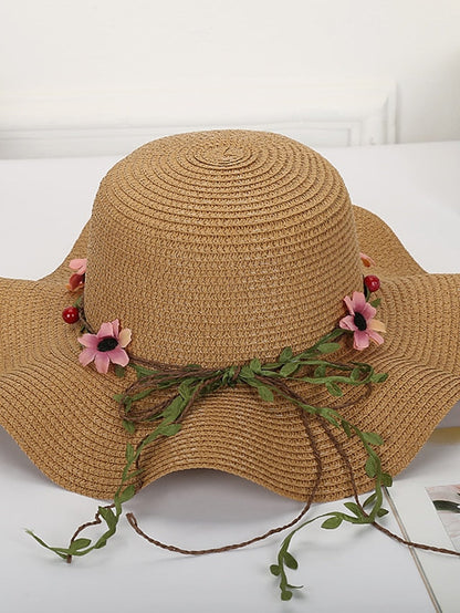 Hat Straw Hat Sun Hat White Blue Khaki Lawn Festival Bow Print Flower Portable Windproof Breathable for Women