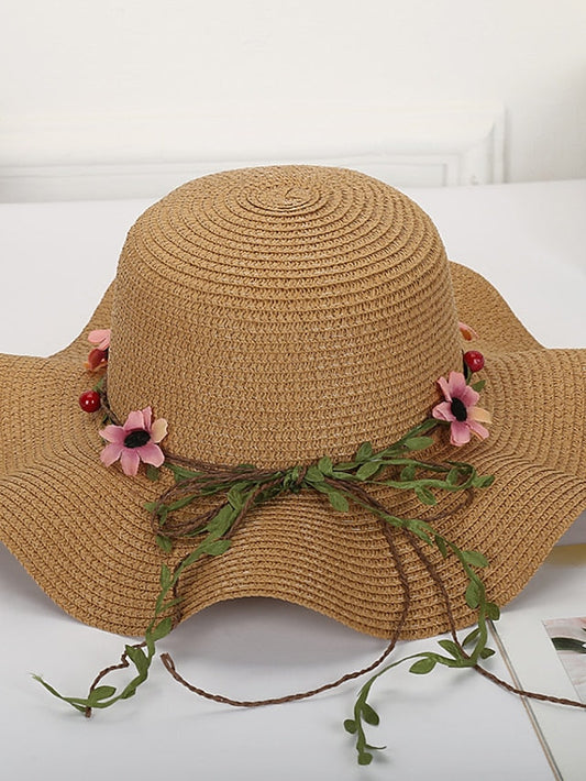 Hat Straw Hat Sun Hat White Blue Khaki Lawn Festival Bow Print Flower Portable Windproof Breathable for Women