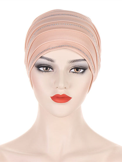 Rhinestones Pleated Turban Cap African Hat Muslim Headscarf Bonnet Ladies Head Wraps for Women