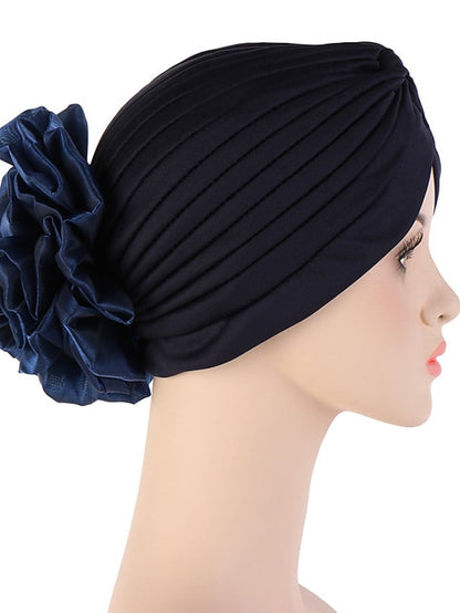 Female Stylish Indian Big Flower Solid Color Turban Hat Comfortable Women Muslim Pullover Hat African Head Wrap Hijab Cap Headwear for Women