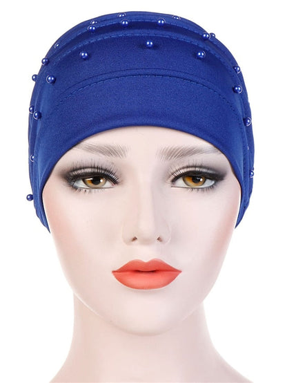 Fashion Muslim Women Turban Scarf Pearl Fold Turban Hat Cancer Chemo Beanies Cap Islamic Wrap Headscarf Musulman Femme Hijab Hair Accessories for Women
