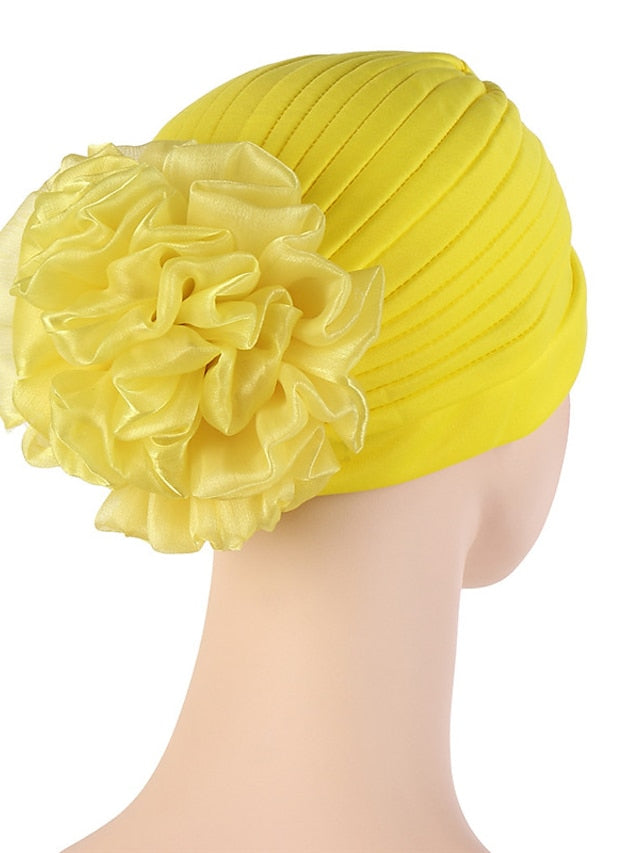 Female Stylish Indian Big Flower Solid Color Turban Hat Comfortable Women Muslim Pullover Hat African Head Wrap Hijab Cap Headwear for Women