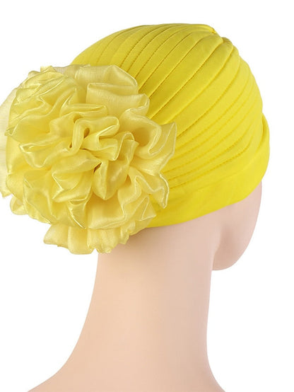 Female Stylish Indian Big Flower Solid Color Turban Hat Comfortable Women Muslim Pullover Hat African Head Wrap Hijab Cap Headwear for Women