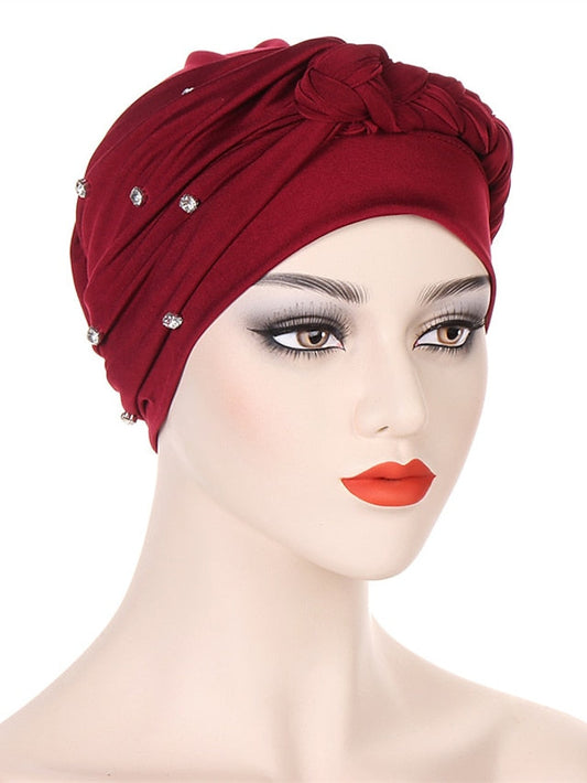 Bling Crystal with Braid Turbans For Women Muslim Turban Cap Islamic Head Wrap Indian Turbante Hat Hair Ready to Wear Hijabs for Women