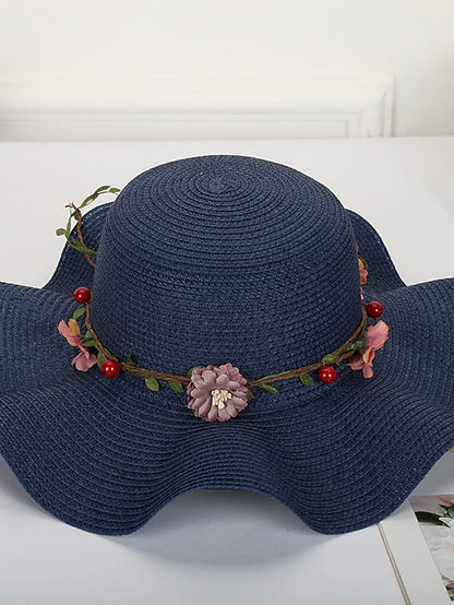 Hat Straw Hat Sun Hat White Blue Khaki Lawn Festival Bow Print Flower Portable Windproof Breathable for Women