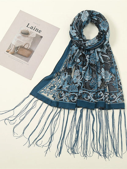 Fashion Women Viscose Scarf Laser Cut Lace Floral Patchwork Tassel Hijab Shawls and Wraps Female Foulards Echarpe for Women