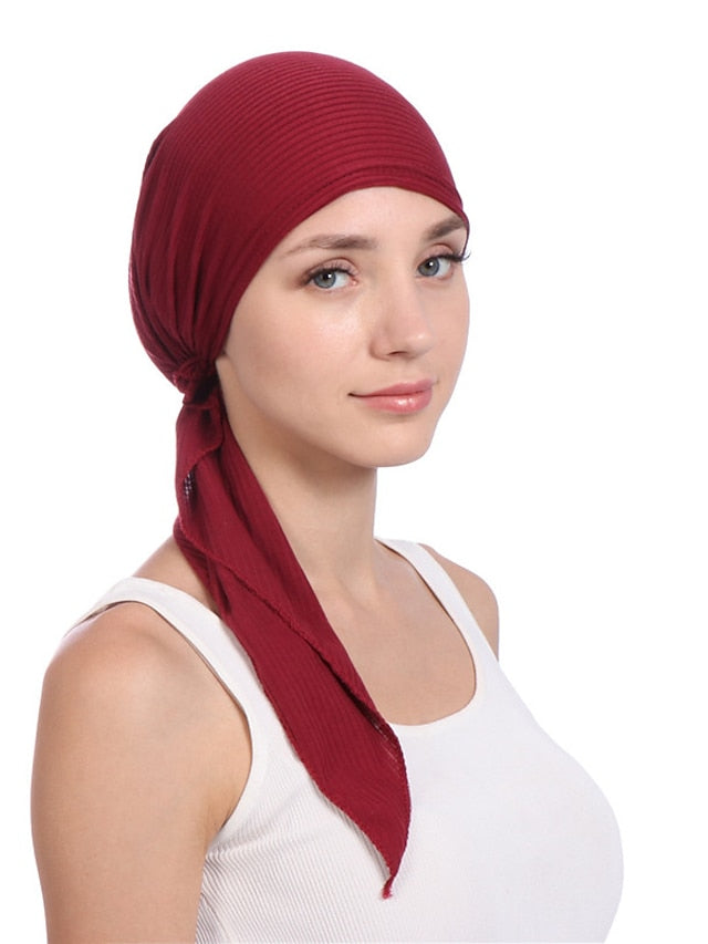 New Elastic Cotton Solid Color Wrap Head Scarf Hats Muslim Turban Bonnet For Women Inner Hijab Hat Fashion Female Turbantes Caps for Women