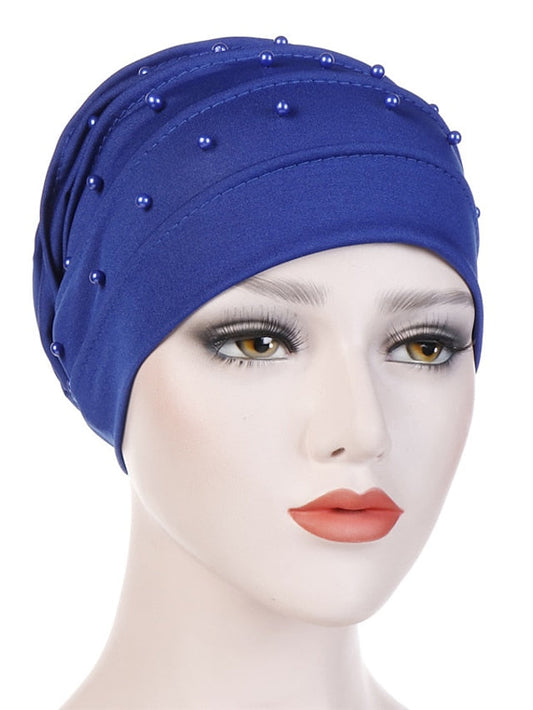 Fashion Muslim Women Turban Scarf Pearl Fold Turban Hat Cancer Chemo Beanies Cap Islamic Wrap Headscarf Musulman Femme Hijab Hair Accessories for Women
