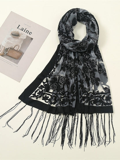 Fashion Women Viscose Scarf Laser Cut Lace Floral Patchwork Tassel Hijab Shawls and Wraps Female Foulards Echarpe for Women