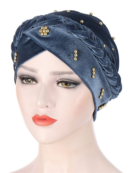 Retro Lady Women Beaded Hat Muslim Braid Head Scarf Turban Head Wrap Cover Ramadan Hair Loss Islamic Headwear Arab Fashion for Women