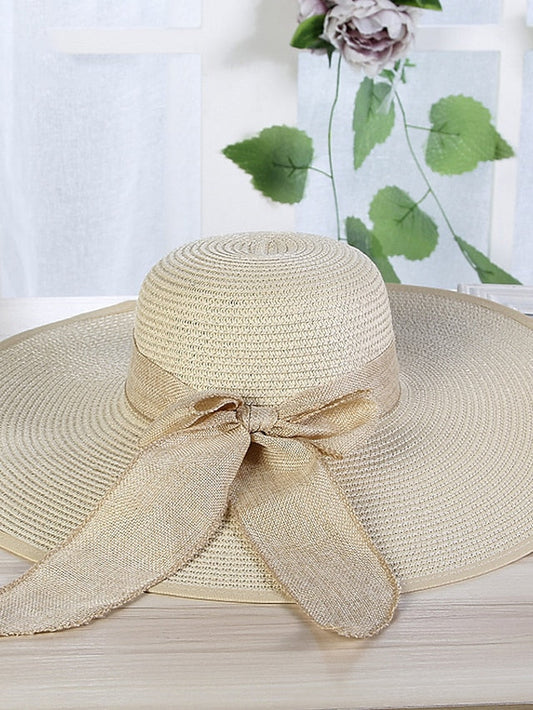 Hat Straw Hat White Khaki Beige Lawn Festival Braided Bow Print Portable Windproof Breathable for Women