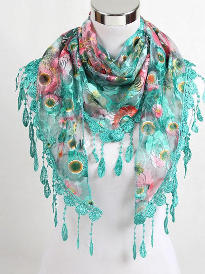 Shawls & Wraps Party Blue Scarf Floral &  Long Triangle Tassel Scarf / Basic / Fall / Winter / Spring for Women