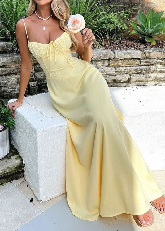 Soleil Maxi Dress – Yellow Spaghetti Strap Dress with Corset Bodice