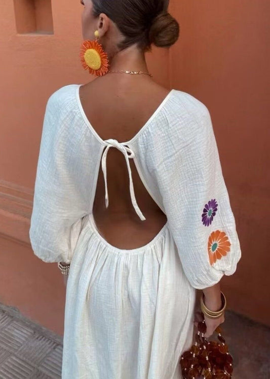 Solana Embroidered Maxi Dress – Boho Open-Back with Balloon Sleeves