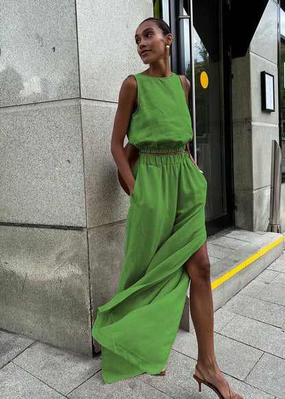 Savanna Wide-Leg Set – Beige Sleeveless Top & High-Slit Palazzo Pants