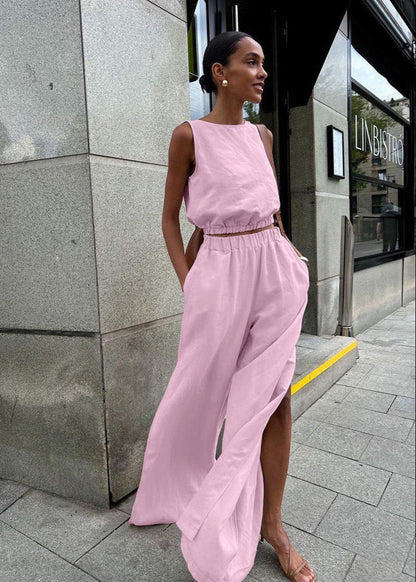 Savanna Wide-Leg Set – Beige Sleeveless Top & High-Slit Palazzo Pants