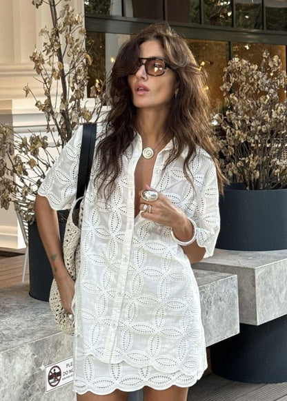 Sunlace - Embroidered Cotton Shirt and Skirt Set