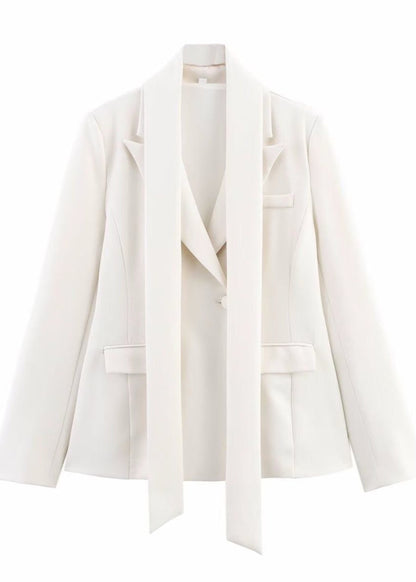 Sculpted Satin Blazer - White Tailored Jacket with Neck Sash